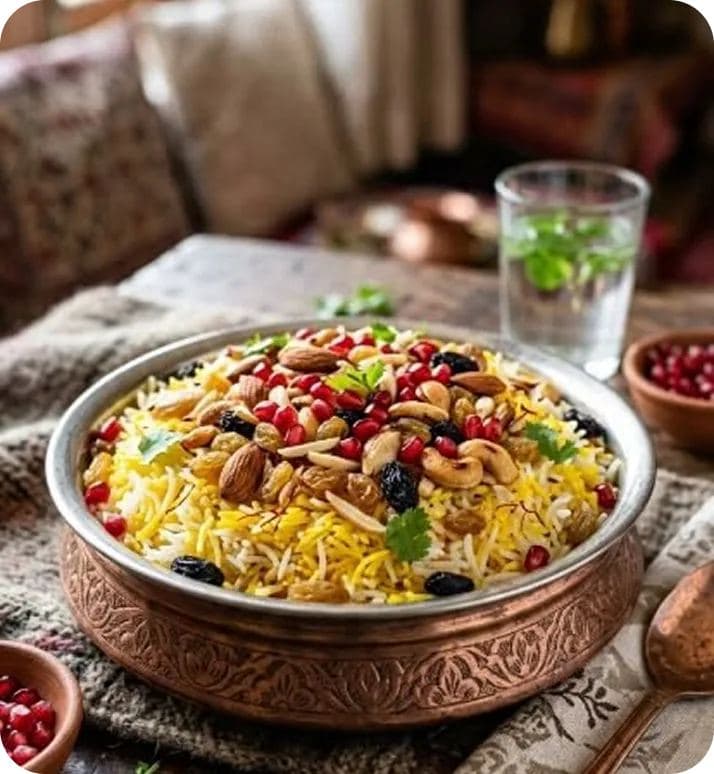 Kashmiri pulao topped with pomegranate and nuts